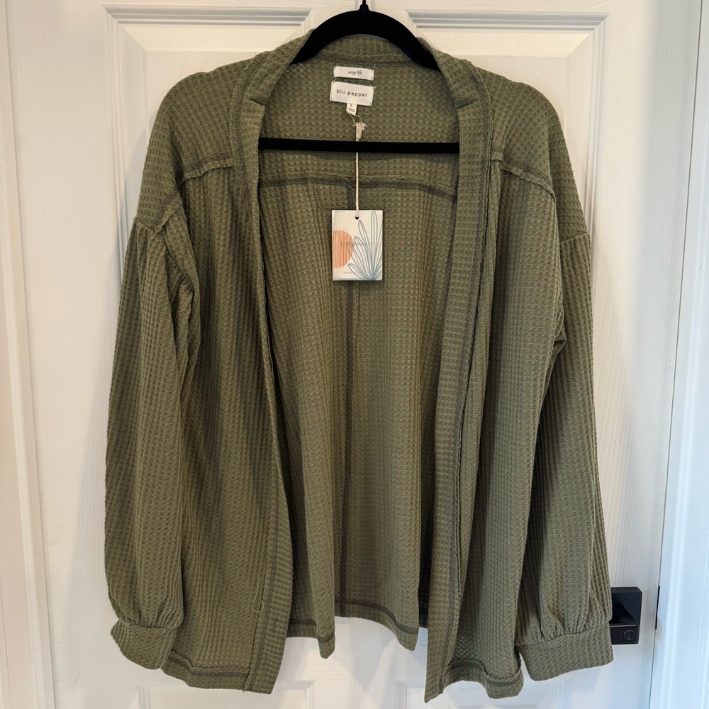 Blu Pepper NWT Cozy Life Cardigan Open Waffle Knit Olive Balloon Sleeve